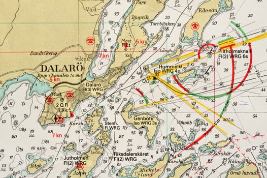 Macro shot of a old marine chart, detailing Stockholm archipelago. 

Picture is from "Batsjokort 1982-83 Serie A LANDSORT-ARHOLMA", created 2013-10-12.