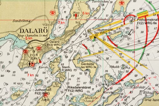 Macro shot of a old marine chart, detailing Stockholm archipelago. 

Picture is from "Batsjokort 1982-83 Serie A LANDSORT-ARHOLMA", created 2013-10-12.