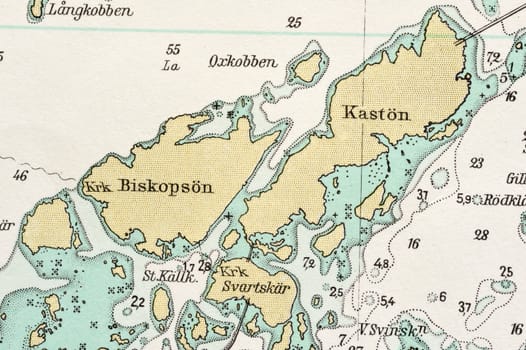 Macro shot of a old marine chart, detailing Stockholm archipelago. 

Picture is from "Batsjokort 1982-83 Serie A LANDSORT-ARHOLMA", created 2013-10-12.