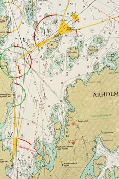 Macro shot of a old marine chart, detailing Stockholm archipelago. 

Picture is from "Batsjokort 1982-83 Serie A LANDSORT-ARHOLMA", created 2013-10-12.