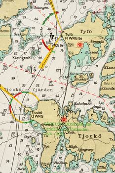 Macro shot of a old marine chart, detailing Stockholm archipelago. 

Picture is from "Batsjokort 1982-83 Serie A LANDSORT-ARHOLMA", created 2013-10-12.