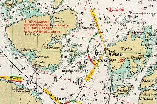 Macro shot of a old marine chart, detailing Stockholm archipelago. 

Picture is from "Batsjokort 1982-83 Serie A LANDSORT-ARHOLMA", created 2013-10-12.