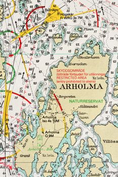 Macro shot of a old marine chart, detailing Stockholm archipelago. 

Picture is from "Batsjokort 1982-83 Serie A LANDSORT-ARHOLMA", created 2013-10-12.