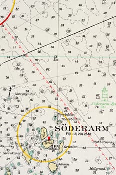 Macro shot of a old marine chart, detailing Stockholm archipelago. 

Picture is from "Batsjokort 1982-83 Serie A LANDSORT-ARHOLMA", created 2013-10-12.