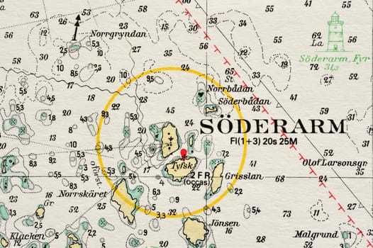 Macro shot of a old marine chart, detailing Stockholm archipelago. 

Picture is from "Batsjokort 1982-83 Serie A LANDSORT-ARHOLMA", created 2013-10-12.