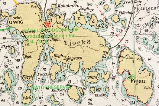 Macro shot of a old marine chart, detailing Stockholm archipelago. 

Picture is from "Batsjokort 1982-83 Serie A LANDSORT-ARHOLMA", created 2013-10-12.