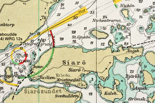 Macro shot of a old marine chart, detailing Stockholm archipelago. 

Picture is from "Batsjokort 1982-83 Serie A LANDSORT-ARHOLMA", created 2013-10-12.