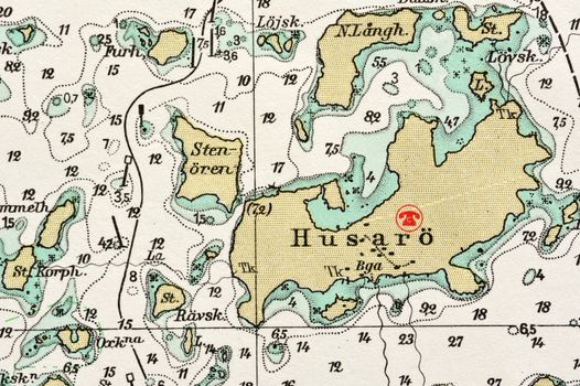 Macro shot of a old marine chart, detailing Stockholm archipelago. 

Picture is from "Batsjokort 1982-83 Serie A LANDSORT-ARHOLMA", created 2013-10-12.