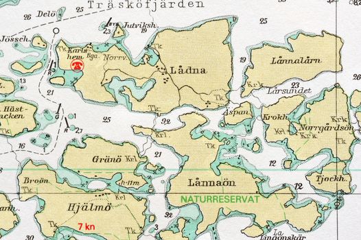 Macro shot of a old marine chart, detailing Stockholm archipelago. 

Picture is from "Batsjokort 1982-83 Serie A LANDSORT-ARHOLMA", created 2013-10-12.