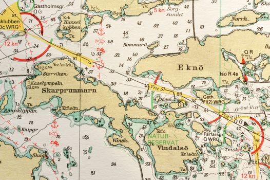 Macro shot of a old marine chart, detailing Stockholm archipelago. 

Picture is from "Batsjokort 1982-83 Serie A LANDSORT-ARHOLMA", created 2013-10-12.