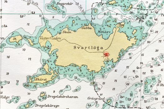 Macro shot of a old marine chart, detailing Stockholm archipelago. 

Picture is from "Batsjokort 1982-83 Serie A LANDSORT-ARHOLMA", created 2013-10-12.