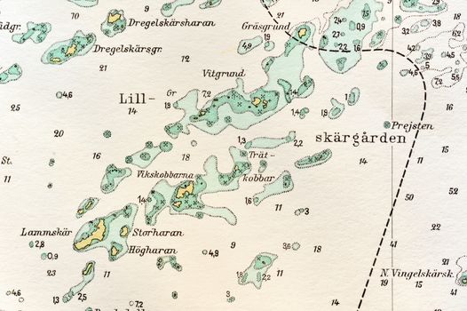 Macro shot of a old marine chart, detailing Stockholm archipelago. 

Picture is from "Batsjokort 1982-83 Serie A LANDSORT-ARHOLMA", created 2013-10-12.