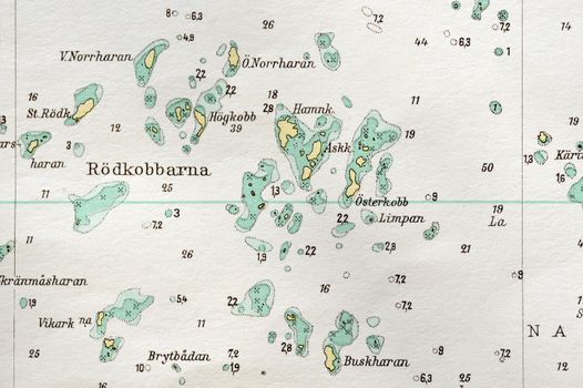 Macro shot of a old marine chart, detailing Stockholm archipelago. 

Picture is from "Batsjokort 1982-83 Serie A LANDSORT-ARHOLMA", created 2013-10-12.