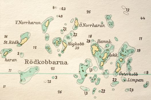 Macro shot of a old marine chart, detailing Stockholm archipelago. 

Picture is from "Batsjokort 1982-83 Serie A LANDSORT-ARHOLMA", created 2013-10-12.