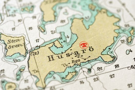 Macro shot of a old marine chart, detailing Stockholm archipelago. 

Picture is from "Batsjokort 1982-83 Serie A LANDSORT-ARHOLMA", created 2013-10-12.