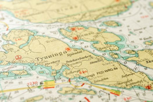 Macro shot of a old marine chart, detailing Stockholm archipelago. 

Picture is from "Batsjokort 1982-83 Serie A LANDSORT-ARHOLMA", created 2013-10-12.