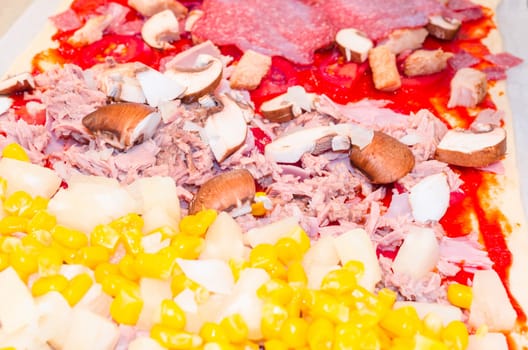 Pizza tray with different ingredients such as mushrooms, salami, cheese and tomatoes.