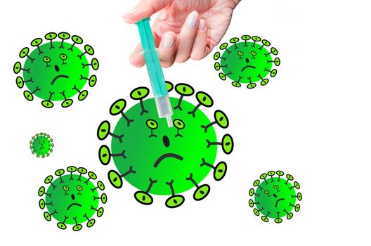 Lustige Virus Symbole mit Spritze vor weißen Hintergrund.

Funny Virus symbols with syringe against white background.