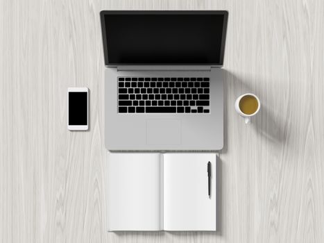 High angle view of a setting table of business workplace, shot in office, home work space