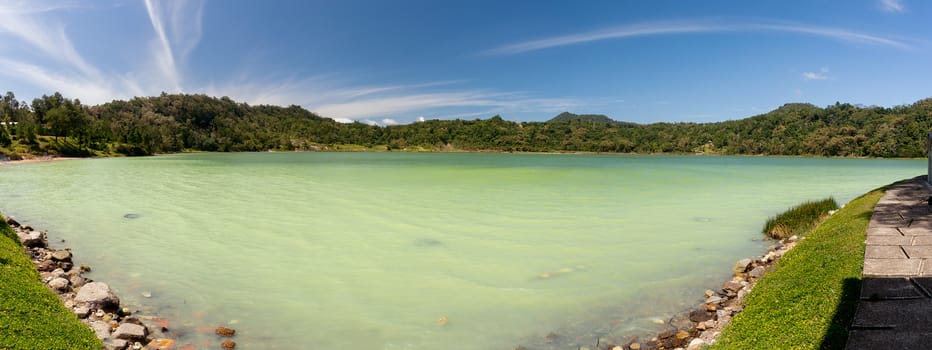 wide panorama of famous tourist attraction sulphurous lake - Danau Linow, North Sulawesi Indonesia