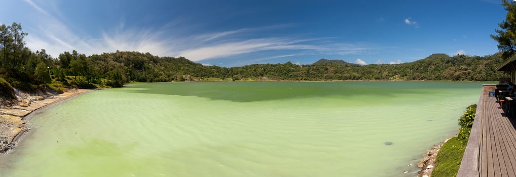 wide panorama of famous tourist attraction sulphurous lake - Danau Linow, North Sulawesi Indonesia