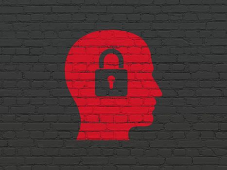 Information concept: Painted red Head With Padlock icon on Black Brick wall background