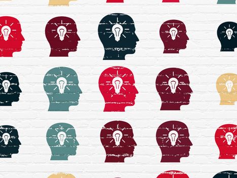 Information concept: Painted multicolor Head With Light Bulb icons on White Brick wall background