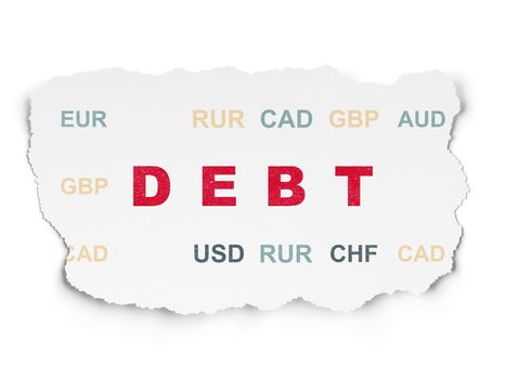 Money concept: Painted red text Debt on Torn Paper background with  Currency
