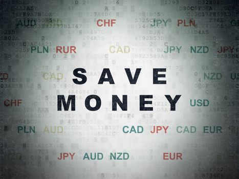 Money concept: Painted black text Save Money on Digital Paper background with Currency