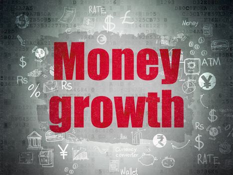 Money concept: Painted red text Money Growth on Digital Paper background with Scheme Of Hand Drawn Finance Icons