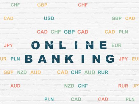 Money concept: Painted blue text Online Banking on White Brick wall background with Currency