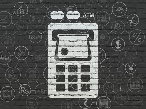 Money concept: Painted white ATM Machine icon on Black Brick wall background with Scheme Of Hand Drawn Finance Icons