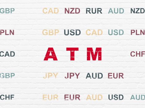 Banking concept: Painted red text ATM on White Brick wall background with Currency