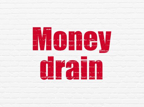 Banking concept: Painted red text Money Drain on White Brick wall background