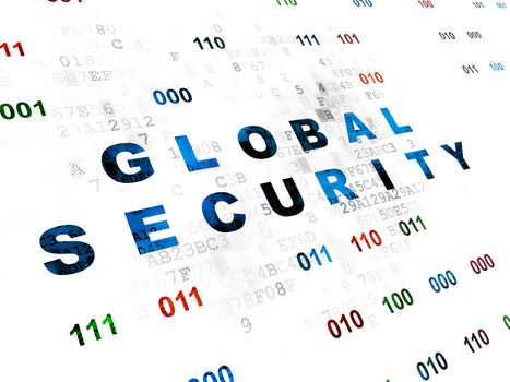 Safety concept: Pixelated blue text Global Security on Digital wall background with Binary Code