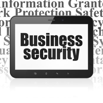 Protection concept: Tablet Computer with  black text Business Security on display,  Tag Cloud background