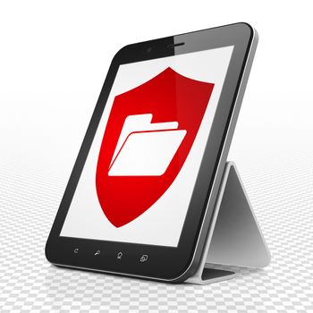 Business concept: Tablet Computer with red Folder With Shield icon on display