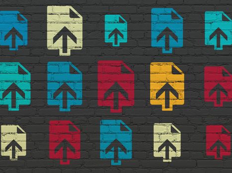 Web design concept: Painted multicolor Upload icons on Black Brick wall background