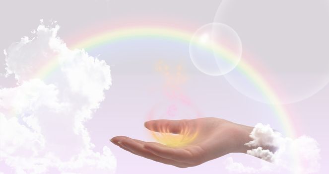 Healing hand on a sky background with rainbow