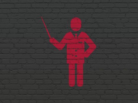Education concept: Painted red Teacher icon on Black Brick wall background