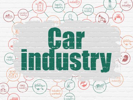 Manufacuring concept: Painted green text Car Industry on White Brick wall background with Scheme Of Hand Drawn Industry Icons