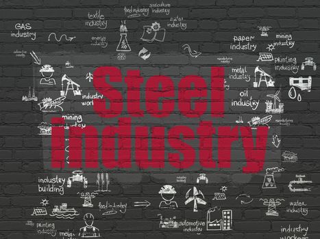 Manufacuring concept: Painted red text Steel Industry on Black Brick wall background with Scheme Of Hand Drawn Industry Icons