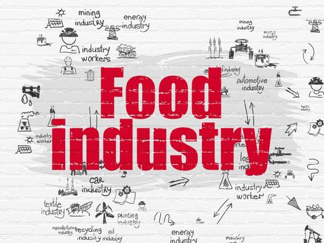Manufacuring concept: Painted red text Food Industry on White Brick wall background with Scheme Of Hand Drawn Industry Icons