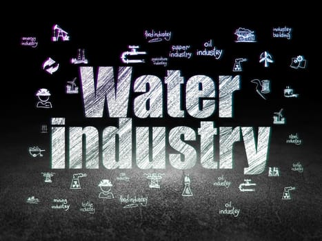 Industry concept: Glowing text Water Industry,  Hand Drawn Industry Icons in grunge dark room with Dirty Floor, black background