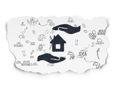 Insurance concept: Painted black Home Insurance icon on Torn Paper background with Scheme Of Hand Drawn Insurance Icons