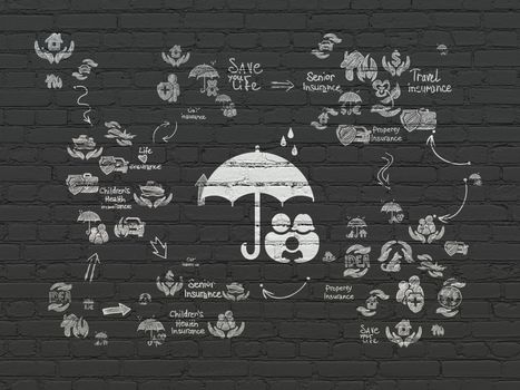 Insurance concept: Painted white Umbrella icon on Black Brick wall background with Scheme Of Hand Drawn Insurance Icons