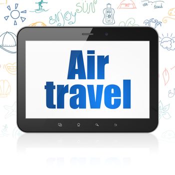 Tourism concept: Tablet Computer with  blue text Air Travel on display,  Hand Drawn Vacation Icons background