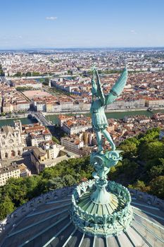Vertical view of Lyon from the top of Notre Dame de Fourviere, France, Europe