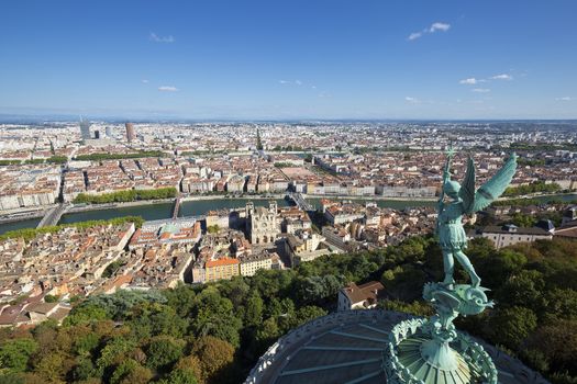 Aerial view of Lyon from the top of Notre Dame de Fourviere, France, Europe