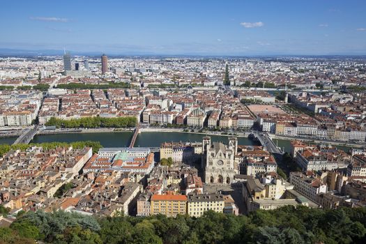 Aerial view of Lyon from the top of Notre Dame de Fourviere, France